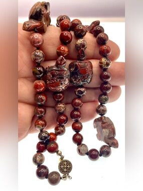 Vintage Jasper Turtle Necklace Hand Knotted Gemstone Beads Sterling Silver Clasp